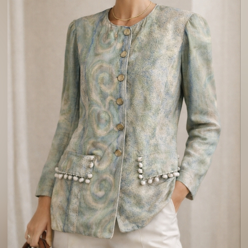Dorothy Schoelen Platinum Jacket Small Silk Blend Vintage Abstract Art Blazer